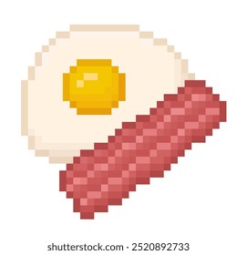 fried egg and bacon pixel art, breakfast, chicken egg, 90s, 80s, old arcade game style item, icon for game, mobile app, 8 bit, vector illustration