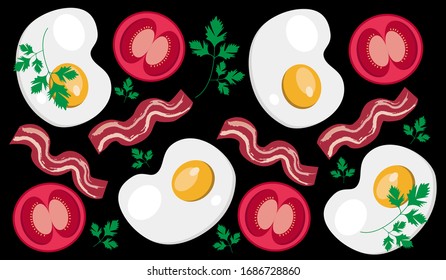 fried egg with bacon and tomato healthy Breakfast on a black background