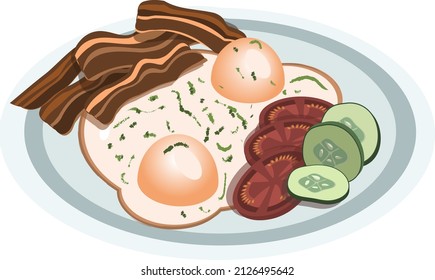 Fried egg with bacon, tomatoes and cucumbers isolated on white background. Vector isometric illustration 