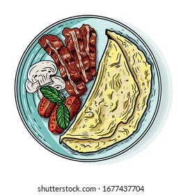 Fried egg and bacon vector illustration. Hand drawn food engraved style illustration. Detailed  sketch. Great for label, poster, print, menu