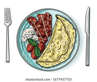 Ilustración vectorial de huevo frito y tocino. Ilustración de estilo grabado a mano. Dibujo detallado. Excelente para etiquetas, afiches, impresión, menú