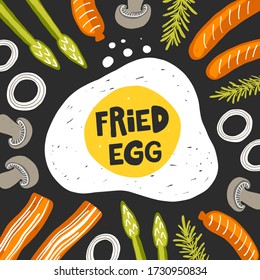 Plantilla de banner de huevo frito. Silueta de producto omelet con productos de desayuno. Grabado estilizado con tocino, salchicha, setas, cebolla. Comida rápida de cocina, elemento de diseño de afiches de menú