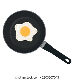 Fried egg in a black frying pan, color vector illustration