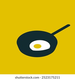 Huevo frito en sartén negra sobre fondo amarillo. Ilustración vectorial de diseño minimalista y plano.