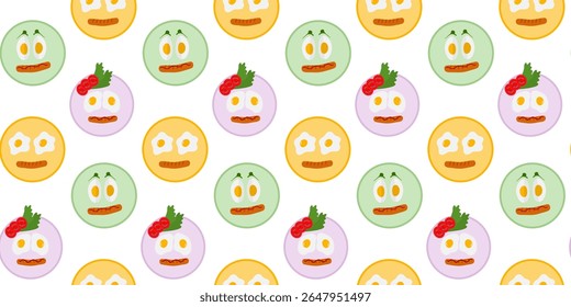 Fried egg and Boiled Eggs like smile emoticon on plate Seamless Pattern Motivation Cards Background