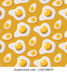 Fried egg and boiled egg on yellow background. Vector  pattern. 