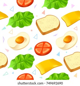 Fried egg, bread, cheese, tomato, and lettuce pattern on a white background,Vector Illustration