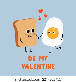 Сute fried egg and bread falling in love. Love and Valentine's Day concept. Be my Valentine. Illustration isolated on blue background.