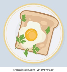 Fried egg with bread and parsley on a plate. Healthy breakfast concept. Flat design