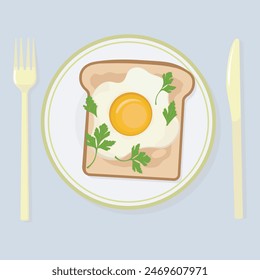 Fried egg with bread and parsley on a plate. Healthy breakfast concept. Flat design
