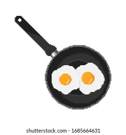 Fried egg breakfast in a frying pan, pixel art cartoon icon. Pixel art 8 bit. 
