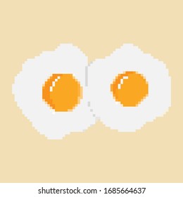 Desayuno de huevo frito en una sartén frita, icono de dibujo en píxeles.  Pixel art 8 bits. 