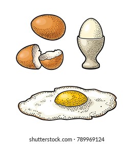 Fried egg and broken shell. Vintage color vector engraving illustration for poster and label. Isolated on white background.