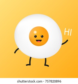 Fried egg cartoon with happy smiley face is standing and put its hand up to greeting someone. breakfast food concept. Character design vector illustration.