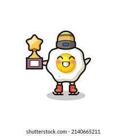 fried egg cartoon as an ice skating player hold winner trophy , cute style design for t shirt, sticker, logo element