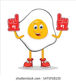 Fried Egg Cartoon Mascot Character With The Number 1 One Sports Fan Hand Gloves. 