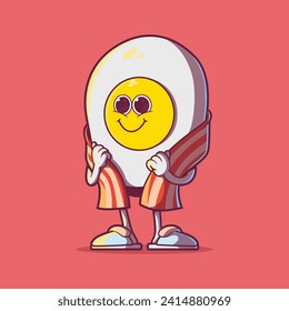 Fried egg character with a bacon coat vector illustration. Mascot, food design concept.