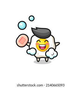 fried egg character is bathing while holding soap , cute style design for t shirt, sticker, logo element