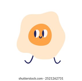 Personagem de ovo frito com rosto feliz bonito. Engraçado peculiar brincalhão café da manhã comida no estilo crianças doodle kawaii. Emoji de gema alegre e sorridente. Ilustração vetorial plana infantil isolada sobre fundo branco