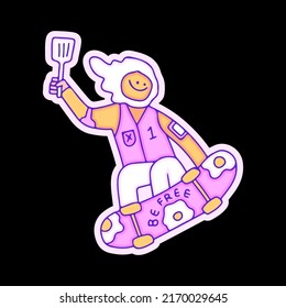 Fried egg character holding spatula and freestyle with skateboard, illustration for t-shirt, sticker, or apparel merchandise. With doodle, retro, and cartoon style.