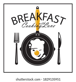 fried egg character on pan with fork and knife isolated on white background with Text, Breakfast with love cooking.