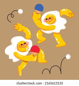 Fried Egg Character Playing Ping-pong Flat Mascot Design