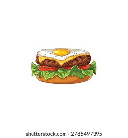 Fried Egg, Cheese, Beef Patty, bread with Lettuce and Tomato Fast food Clipart