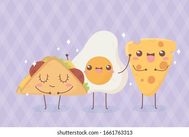 fried egg cheese and taco kawaii food cartoon character design vector illustration