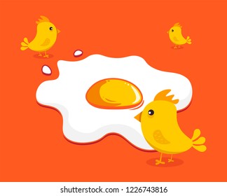 Fried egg and chickens. Vector flat 