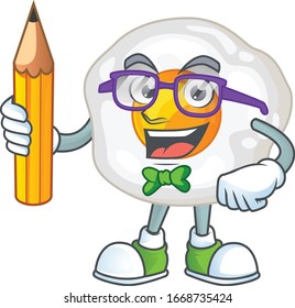 Fried egg clever student character using a pencil