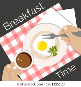 Fried egg, coffee on table, breakfast time