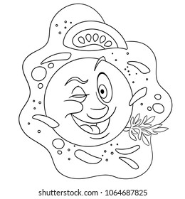 Fried Egg Coloring Page. Happy Breakfast Food concept. Funny Emoticon. Smiley idea. Emoji cartoon design for colouring book, t-shirt print, icon, logo, label, patch, sticker.