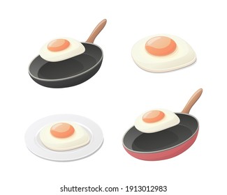 Fried egg concept set. Breakfast vector isometric illustration. Food preparation. 