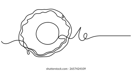  Huevo frito continuo de una línea de dibujo ilustración. Icono de silueta lineal dibujado a mano. Elemento de diseño mínimo para la impresión, Anuncio, tarjeta de felicitación, folleto, menú.