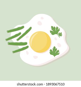 Fried egg. Cooked omelette garnished with green beans. Fast food. Fried eggs with herbs. Breakfast food. Vector illustration in a flat style.