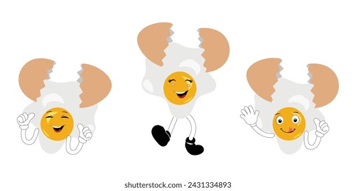 Fried egg with cute face lying cartoon illustration. Chicken egg for breakfast. Happy fried egg character. Easter, cooking, food, emotion concept