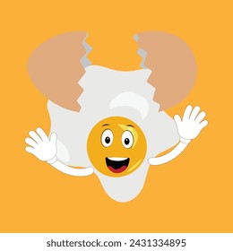Fried egg with cute face lying cartoon illustration. Chicken egg for breakfast. Happy fried egg character. Easter, cooking, food, emotion concept