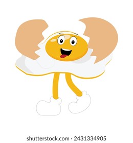 Fried egg with cute face lying cartoon illustration. Chicken egg for breakfast. Happy fried egg character. Easter, cooking, food, emotion concept