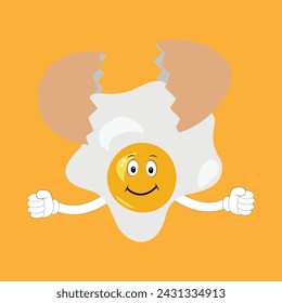 Fried egg with cute face lying cartoon illustration. Chicken egg for breakfast. Happy fried egg character. Easter, cooking, food, emotion concept