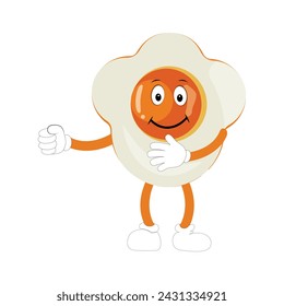 Fried egg with cute face lying cartoon illustration. Chicken egg for breakfast. Happy fried egg character. Easter, cooking, food, emotion concept