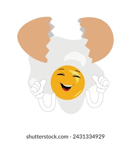Fried egg with cute face lying cartoon illustration. Chicken egg for breakfast. Happy fried egg character. Easter, cooking, food, emotion concept