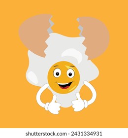 Fried egg with cute face lying cartoon illustration. Chicken egg for breakfast. Happy fried egg character. Easter, cooking, food, emotion concept