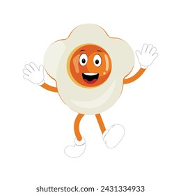 Fried egg with cute face lying cartoon illustration. Chicken egg for breakfast. Happy fried egg character. Easter, cooking, food, emotion concept