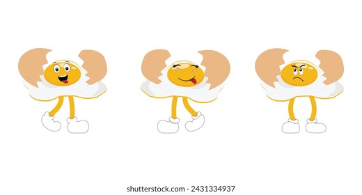 Fried egg with cute face lying cartoon illustration. Chicken egg for breakfast. Happy fried egg character. Easter, cooking, food, emotion concept