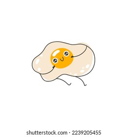 Fried egg cute smile. Hand drawn cartoon doodle kawaii breakfast character. Childish illustration in a simple naive style. Vector isolate on white background. Perfect for printing
