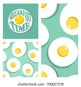 Fried egg decorative background. Backdrop with food and english text. Breakfast time, poster design. Colorful illustration vector. Symbol of good morning. Decorative wallpaper, good for printing
