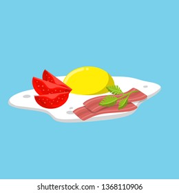 Fried egg. Delicious omelet with vegetables. Tomato, greens and bacon on scrambled egg. Breakfast on blue background. Cartoon flat illustration