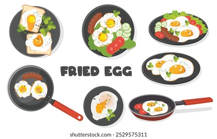 Fried egg dish clipart. Fried eggs vector. Breakfast made from eggs. Flat vector in cartoon style isolated on white background.