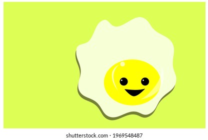 Fried egg with eyes and mouth on green background