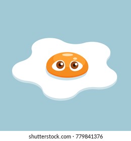 Fried Egg with a Face in a Cartoon Style. Egg white and yolk with cute eyes. Vector Illustration of an Isometric view on a blue Background